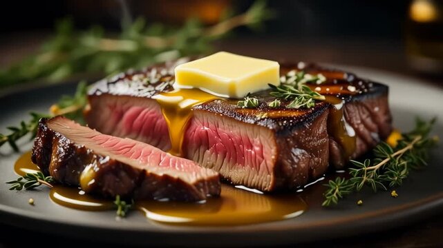 Gourmet medium-rare steak with melting butter and thyme on a dark plate