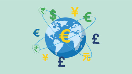 Global currency exchange rates and symbols surrounding the Earth in a digital illustration