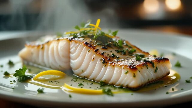 Steaming pan-seared white fish fillet served with fresh herbs lemon and olive oil on a white plate ready for a gourmet meal