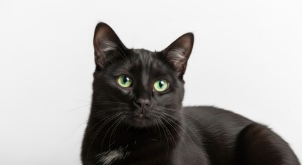 Obraz premium A black cat with green eyes sitting against a white background.