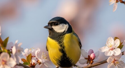 Obraz premium A vibrant bird perched on a branch with cherry blossoms, set against a soft-focus background of pink flowers and blue sky.