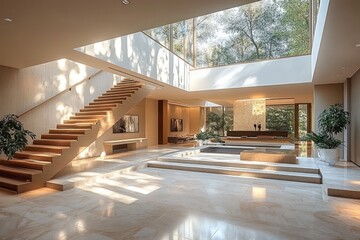 Fototapeta premium Spacious modern living area with floating wooden staircase, large skylight ceiling showcasing trees, minimalist furniture, and indoor plants creating a serene atmosphere