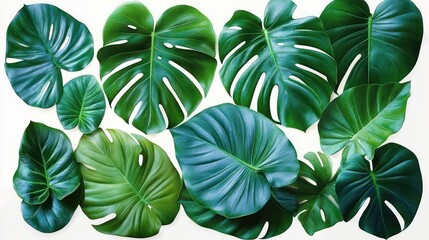 Fototapeta premium assortment of large glossy tropical monstera and philodendron leaves arranged on a white background conveying freshness and calm