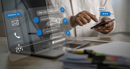 AI workflow Chat interface automation AI assistant messages, contact options and bot interacts on smartphone omnichannel customer support and service automation.