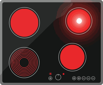 A modern electric cooktop with four red burners on a white background