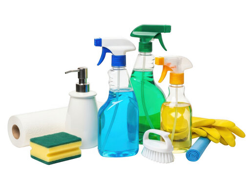 Assorted cleaning supplies arranged together isolated on transparent background