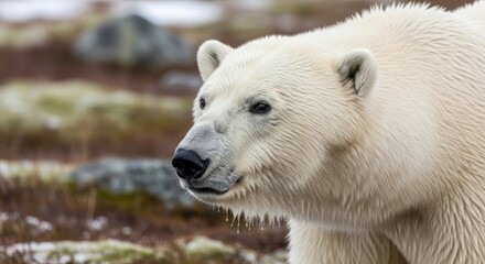A polar bear gazing intently, wet fur and icy environment, close-up