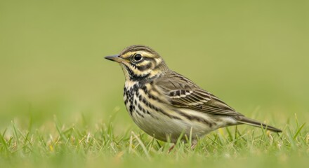 A solitary bird standing in a grassy field, looking alert and attentive.