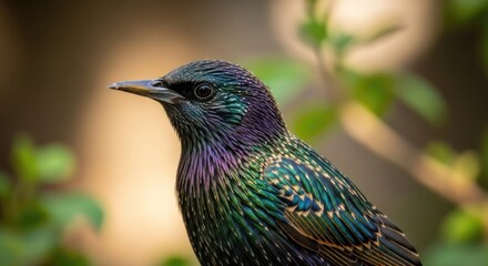 Obraz premium A close-up of a colorful bird with iridescent plumage, set against a blurred natural background.