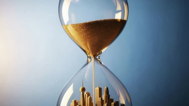 Hourglass with Sand Flowing Against Blue Background.