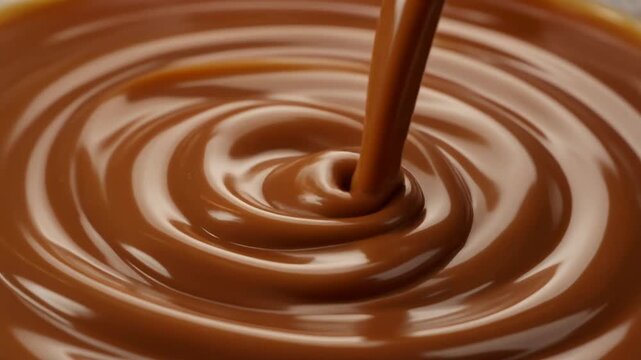 Pouring sweet caramel sauce close-up creating viscous swirls and ripples
