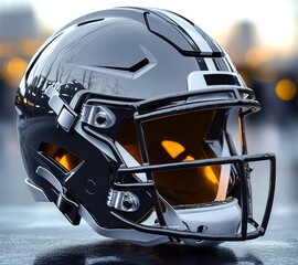 Fototapeta premium sleek reflective metallic football helmet with amber tinted visor, black facemask, visible fasteners resting on wet surface with blurred city lights, futuristic intense mood