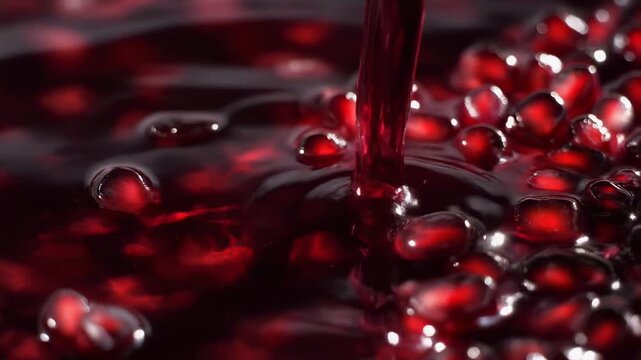 Close-up of rich ruby red pomegranate juice pouring onto a bed of glistening arils (seeds) creating a vibrant dark and refreshing culinary scene.