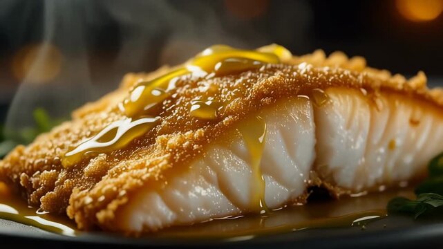 Close-up of crispy fried fish fillet with flaky white meat drizzled in a golden glaze sauce steaming hot on a dark plate