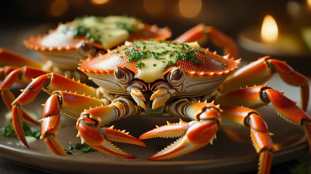 Gourmet baked crabs with melted butter and herbs on a plate ready to eat seafood dinner in a fine dining setting