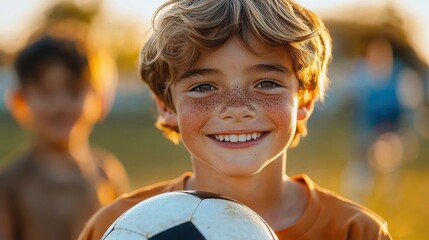 Naklejka premium Blond child in orange shirt holding a scuffed soccer ball on a sunlit grassy field with teammates in the background, warm golden evening mood of playful focus