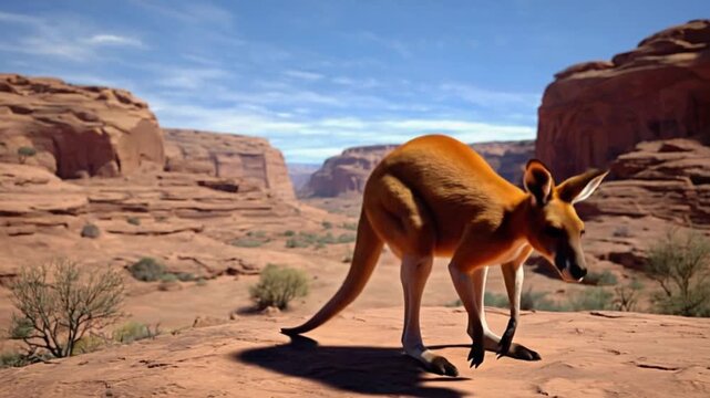 Kangaroo standing on rocky desert landscape with blue sky