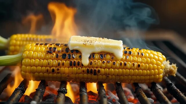 Grilled corn on the cob with melting butter and seasoning on a hot barbecue grill