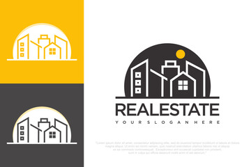 Fototapeta premium Real Estate Logo Design with City Building and House Icon .vector illustration