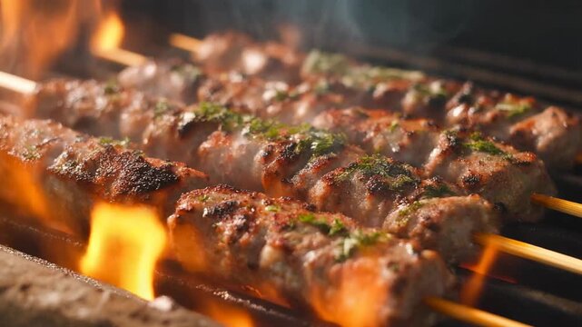 Close-up of delicious ground meat skewers (lula kebab) grilling on a barbecue with intense flames and smoke