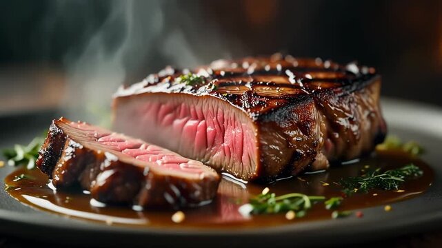 Steaming grilled steak sliced medium rare on a plate with rich sauce and herbs