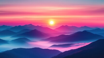 Fototapeta premium Glowing sun rising over layered misty mountains and valleys beneath a vibrant pink and purple gradient sky, evoking serene dreamy peaceful calm