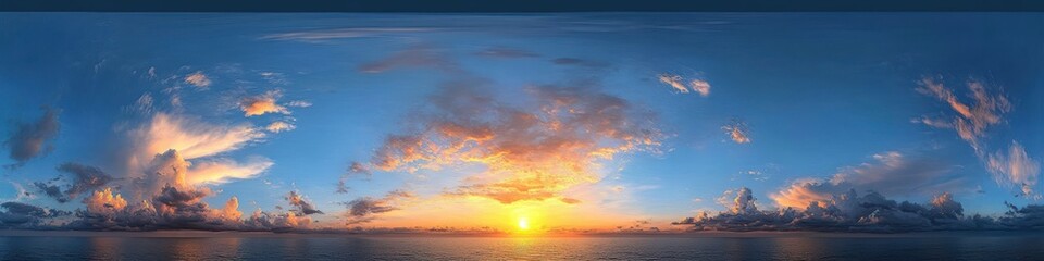 panoramic ocean sunrise with golden sun on the horizon, dramatic colorful clouds and calm reflective water conveying serene awe