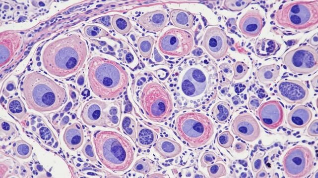 Microscopic view of human cells, showing cellular structures and potential abnormalities under high magnification.