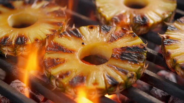 Delicious pineapple slices char-grilling on a hot barbecue grate with visible flames. sweet tropical fruit dessert preparation.