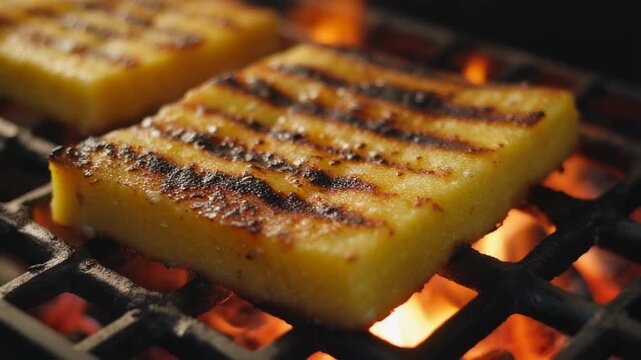 Close-up of thick grilled polenta slices cooking on a barbecue grill over open flames showing perfect char marks and golden texture