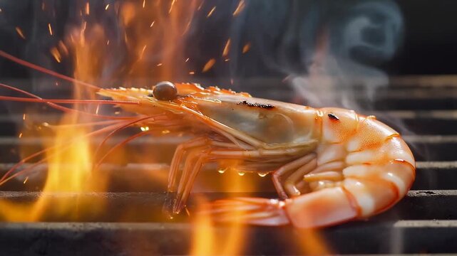 Delicious fresh shrimp grilling on a hot barbecue grate engulfed in intense orange flames and smoke.