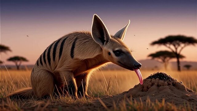 AI-Generated Wildlife Illustration of an Aardwolf in Side Profile While Foraging in African Savanna