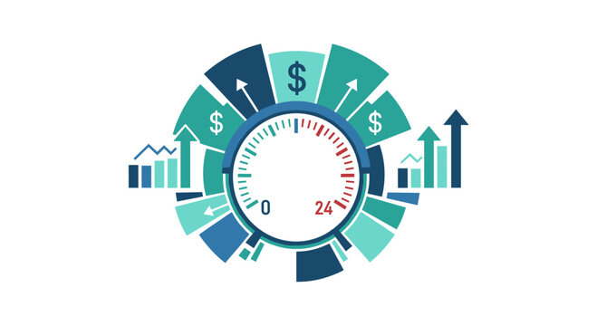 Financial growth and time management concept with clock and upward arrows