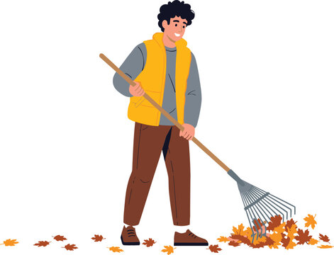 Man raking fallen autumn leaves in yard for seasonal landscaping and home garden maintenance service vector
