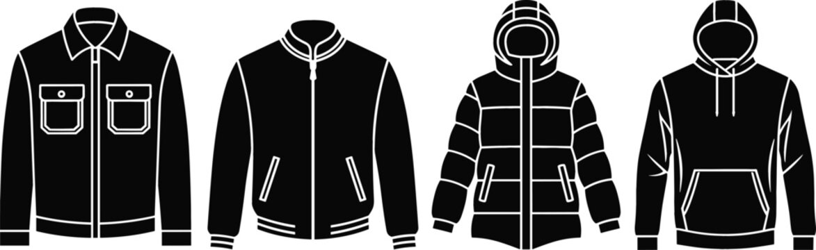 Men's outerwear silhouette icon set with work jacket bomber puffer coat and hoodie for fashion retail and apparel technical drawing vector