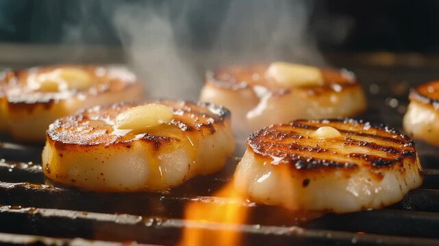 Close-up of large sea scallops searing on a hot barbecue grill with melting butter smoke and rising flames