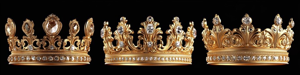 Fototapeta premium three ornate gold crowns studded with large diamonds and gemstones on a black background conveying regal luxury and majestic ceremonial elegance