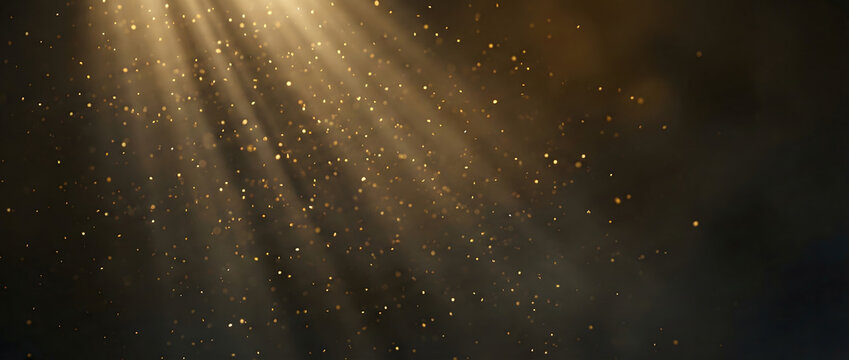 Ethereal golden dust particles floating in a beam of cinematic sun rays, luxury spiritual backdrop for ceremony and award celebration, atmospheric magic glow overlay for video compositing