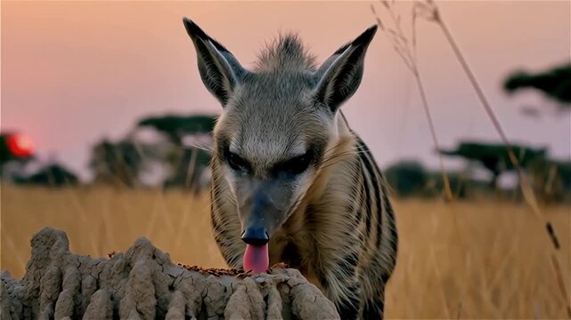 AI-Generated Close Up Illustration of an Aardwolf Foraging for Termites in the African Savanna