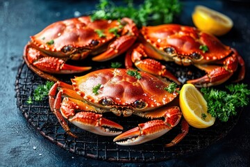 Three glossy cooked crabs on a round wire rack with lemon wedges, parsley and coarse sea salt on a dark rustic surface, appetizing and sumptuous seafood presentation