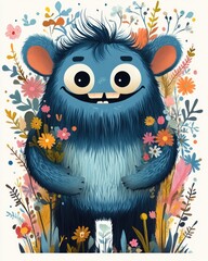 Fototapeta premium smiling blue furry creature with big eyes, buck teeth and large ears holding wildflowers in a colorful blooming garden, whimsical and joyful