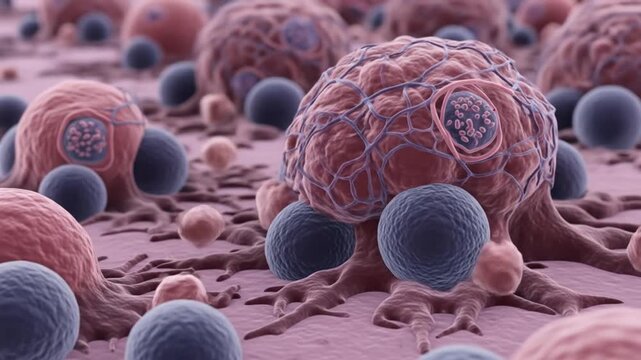 Close-up view of cancer cells multiplying and spreading in the human body, illustrating disease progression and medical research.