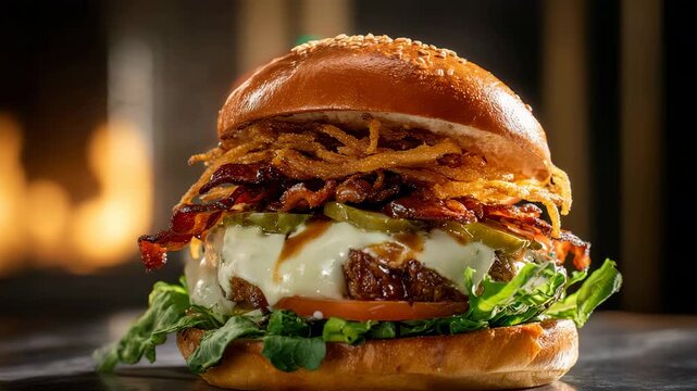 Gourmet Beef Burger with Crispy Bacon, Onion Rings, and Melted Cheese on Glossy Brioche Bun with Rising Steam