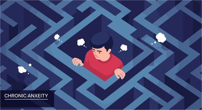 Man trapped in a blue maze, symbolizing chronic anxiety and mental health struggles