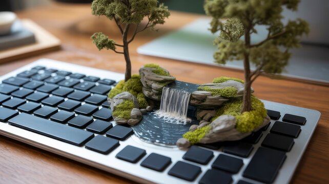 Nature on Keyboard: Miniature Forest and Waterfall Model on a Modern Office Desk
