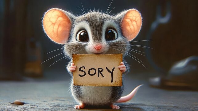tiny fluffy mouse with huge ears and pleading eyes holding a worn cardboard sign reading "SORY" on a floor with a blurred shoe in the background, apologetic and heartwarming