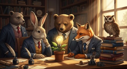 Fototapeta premium Anthropomorphic boardroom characters collaborate around a glowing lightbulb growing from a potted plant