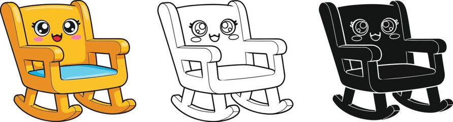 A colorful illustration of three rocking chairs with smiling faces