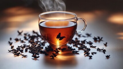 Fototapeta premium Steaming glass cup of amber tea with scattered loose tea leaves and a butterfly silhouette reflected inside, warm cozy tranquil atmosphere