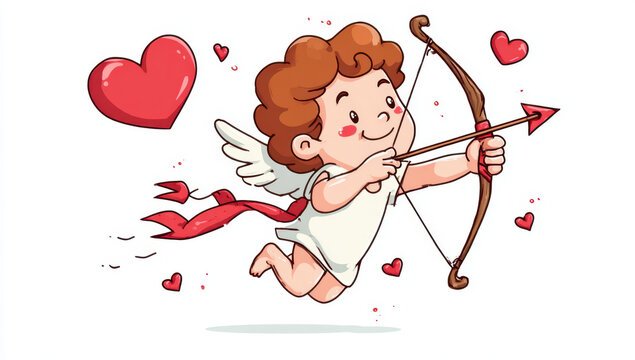 Cute cupid with bow and arrow flying through air, shooting hearts, spreading love and joy. This charming illustration captures essence of romance and affection